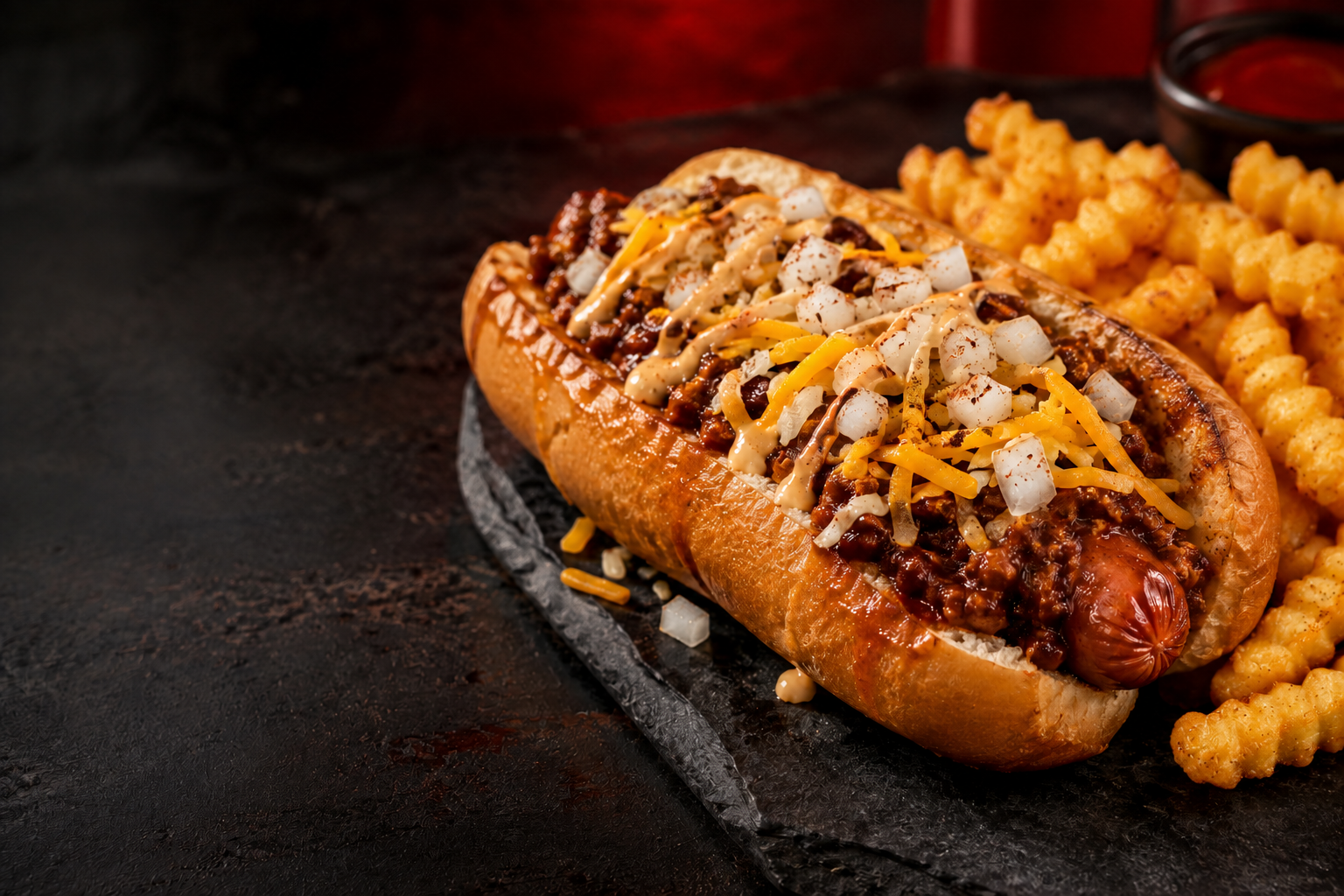 Loaded hot dog with chili, cheese, onions, and fries